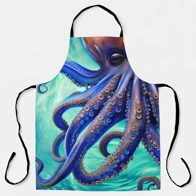 Dreamy Octopus Blue Ocean Wave Pop Art Apron (Front)