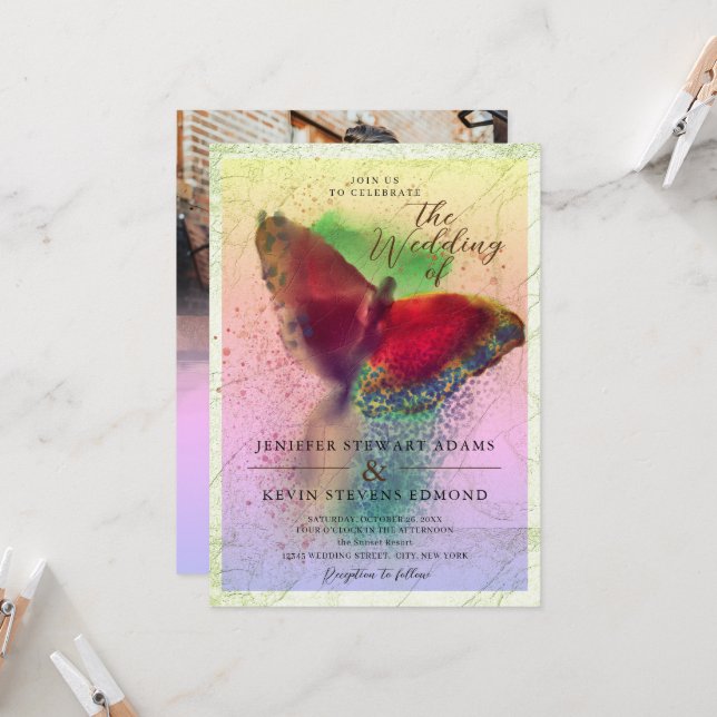 Dreamy Ombre Butterfly Photo Overlay Wedding Invitation (Front/Back In Situ)