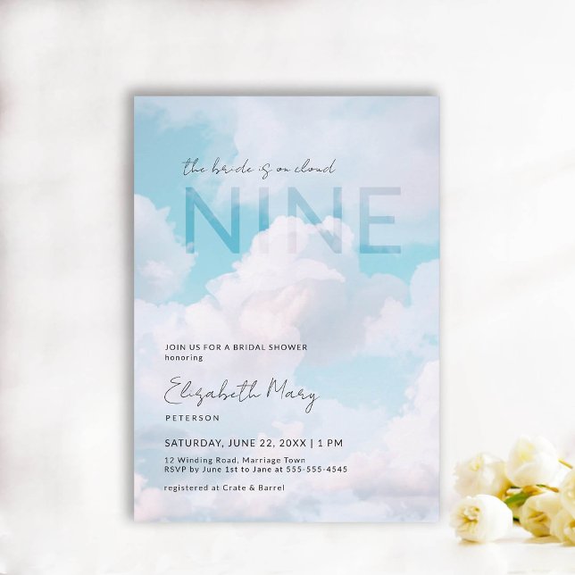 Dreamy On Cloud 9 Modern Elegant Bridal Shower Invitation (the bride is on cloud 9 bridal shower invitation dreamy romantic pastel blue clouds sky modern chic)