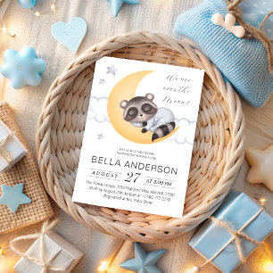 Dreamy Over the Moon Racoon Boy Baby Shower Invitation