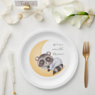 Dreamy Over the Moon Racoon Boy Baby Shower Paper Plate