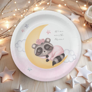 Dreamy Over the Moon Racoon Girl Baby Shower Paper Plate