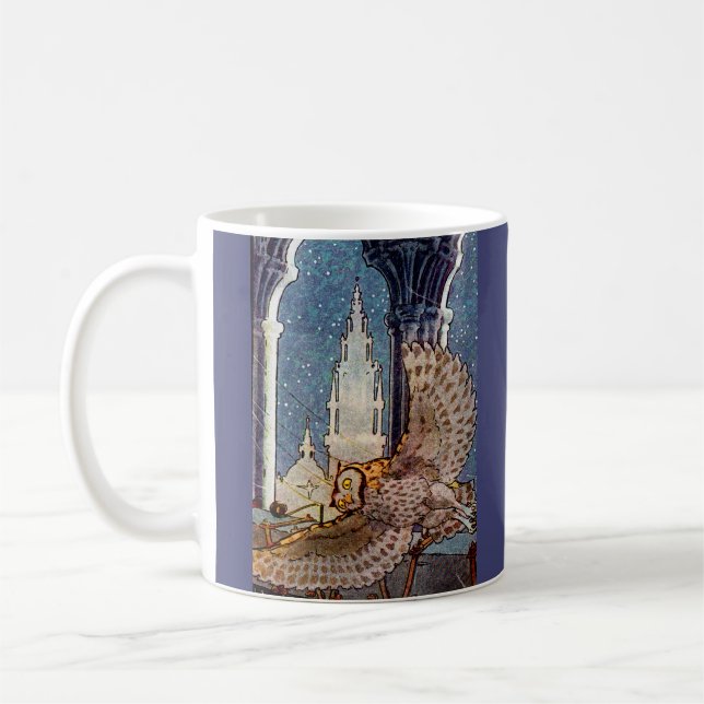 dreamy owl flying at night coffee mug (Left)