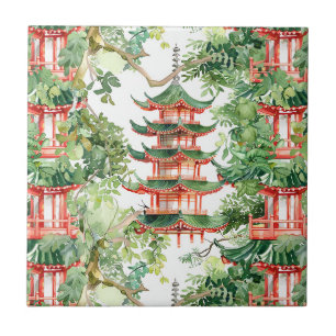 Dreamy Pagoda Forest Sage Watercolor Ceramic Tile