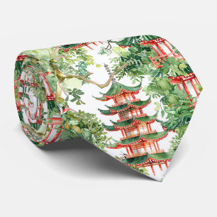 Dreamy Pagoda Forest Sage Watercolor Tie