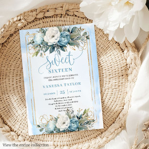 Dreamy Pastel Blue White Floral Sweet Sixteen 16 Invitation