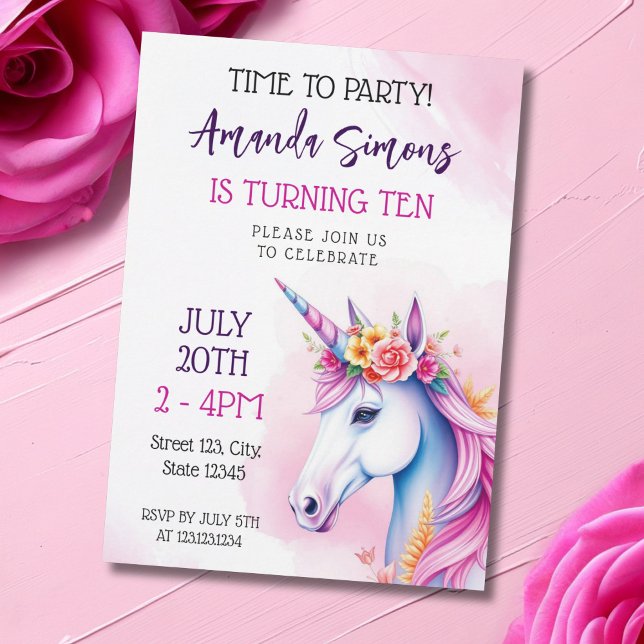 Dreamy Pastel Floral Unicorn Girl 10th Birthday Invitation (Creator Uploaded)