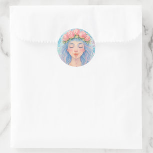 Dreamy Pastel Girl with Tulip Flower Crown Illustr Classic Round Sticker