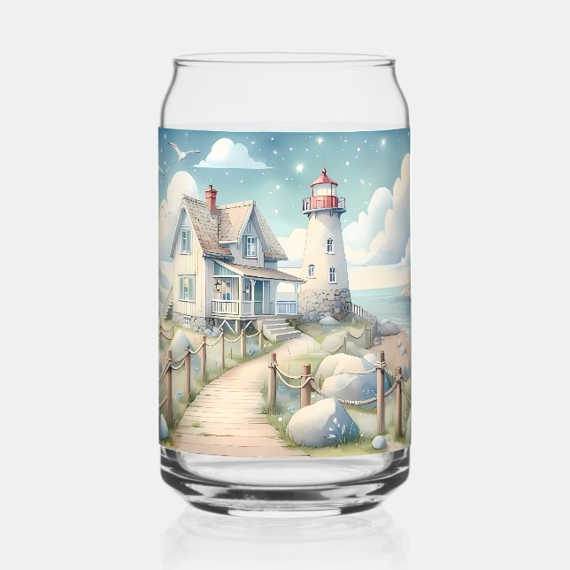 Dreamy Pastel Lighthouse by the Sea Can Glass (Front)