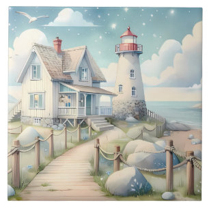 Dreamy Pastel Lighthouse by the Sea Ceramic Tile
