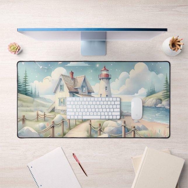 Dreamy Pastel Lighthouse by the Sea Desk Mat (Office 1)
