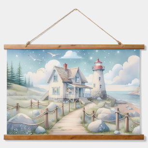 Dreamy Pastel Lighthouse by the Sea Hanging Tapestry