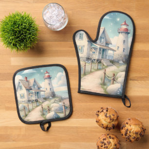Dreamy Pastel Lighthouse by the Sea Oven Mitt & Pot Holder Set