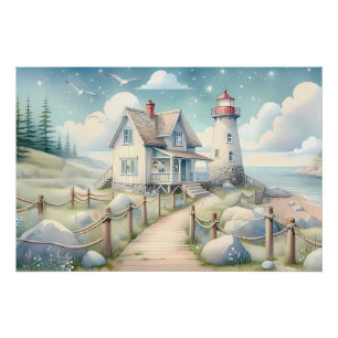 Dreamy Pastel Lighthouse by the Sea Poster