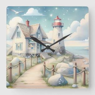 Dreamy Pastel Lighthouse by the Sea Square Wall Clock