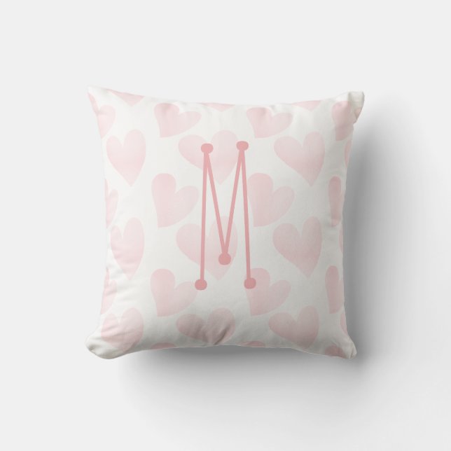 Dreamy Pastel Pink Hearts Monogrammed Cushion (Front)