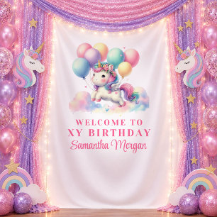 Dreamy Pastel Unicorn Girl Birthday Backdrop Tapestry