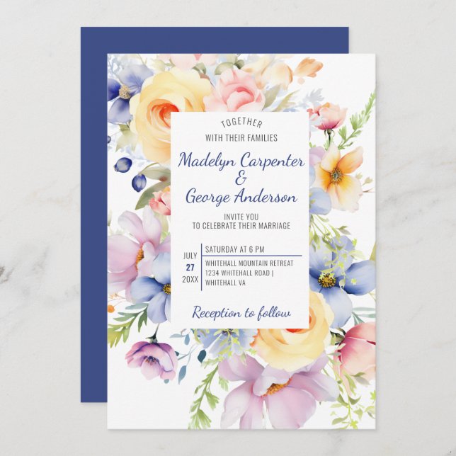 Dreamy Pastel Watercolor Florals Wedding Invitation (Front/Back)