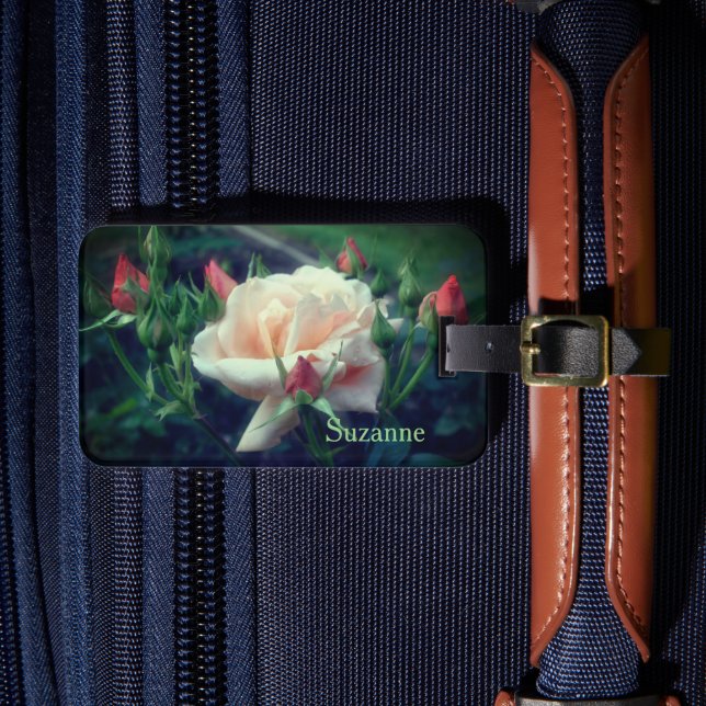 Dreamy Peach Rose And Buds Personalised Luggage Tag (Front Insitu 4)