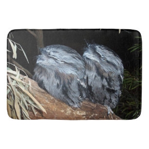 "Dreamy Perch: Sleepy Tawny Frogmouth Owls" Bath Mat