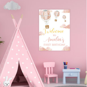 Dreamy Pink Balloon First Birthday Girl Glitter Poster