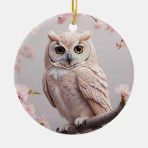 Dreamy Pink Cherry Blossoms Owl Ceramic Ornament