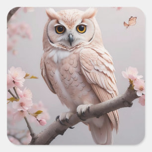 Dreamy Pink Cherry Blossoms Owl Square Sticker