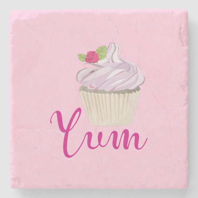Dreamy Pink Cupcake with Raspberry Yum! Stone Coaster (Front)