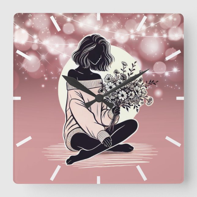 Dreamy Pink Elegance: A Woman's Quiet Reflection Square Wall Clock (Front)