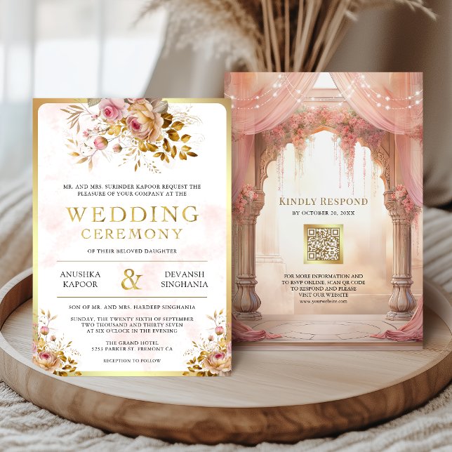 Dreamy Pink Floral Indian Mandap Hindu Wedding Invitation (Creator Uploaded)