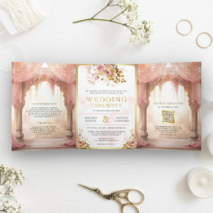 Dreamy Pink Floral Indian Mandap Hindu Wedding Tri-Fold Invitation