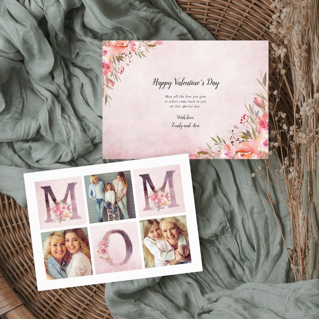 Dreamy Pink Floral MOM Photo Collage Valentine Card (Creator Uploaded)