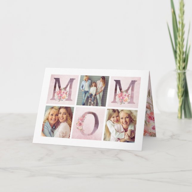 Dreamy Pink Floral MOM Photo Collage Valentine Card (Front)