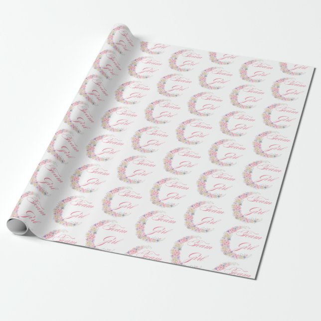 dreamy pink floral moon team girl baby shower wrapping paper (Unrolled)