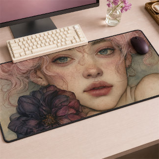 Dreamy Pink-Haired Muse with Royal Purple Dahlia Desk Mat