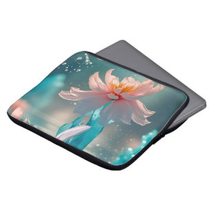 Dreamy Pink Lotus and Butterfly in Aqua Water Laptop Sleeve