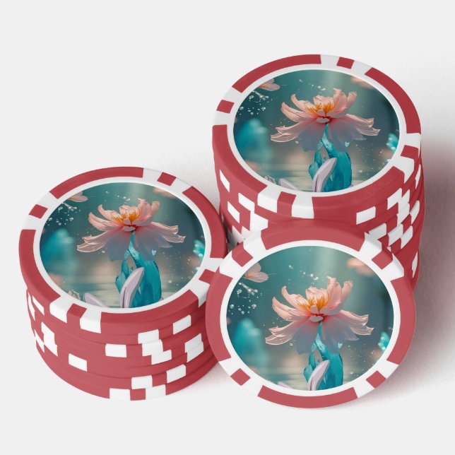 Dreamy Pink Lotus and Butterfly in Aqua Water Poker Chips (Stack)
