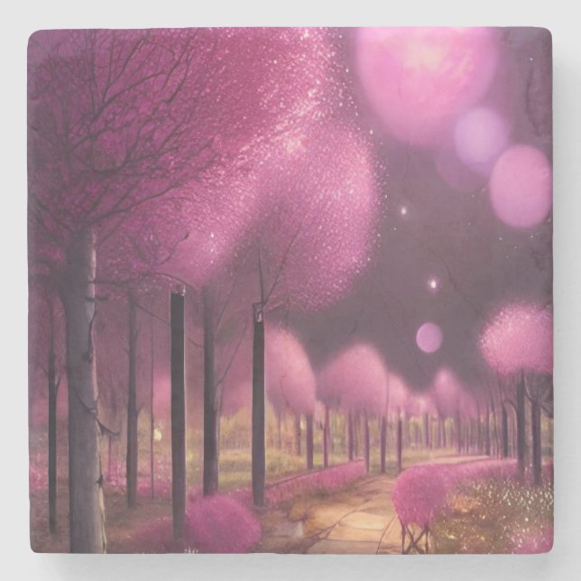 Dreamy Pink Nightscape Stone Coaster (Front)