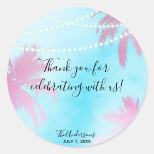 Dreamy Pink Palm Trees & Blue Sky String Lights Classic Round Sticker