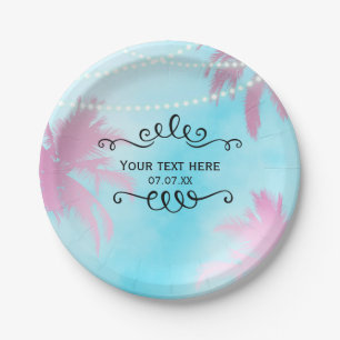 Dreamy Pink Palm Trees Blue Sky String Lights Paper Plate