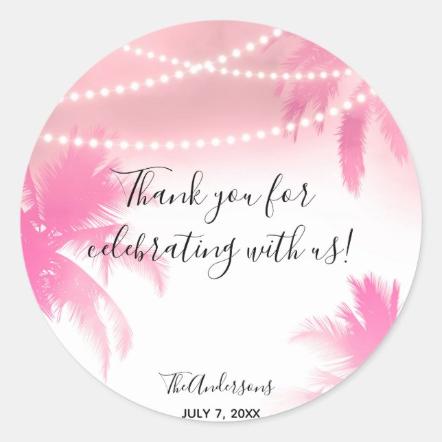 Dreamy Pink Palm Trees & String Lights Favour Classic Round Sticker (Front)