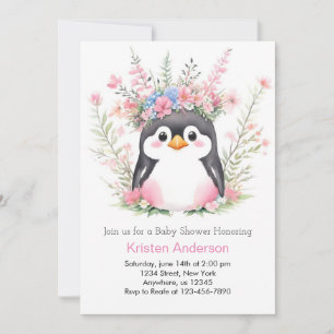 Dreamy Pink Penguin Delightful Girl Baby Shower Invitation