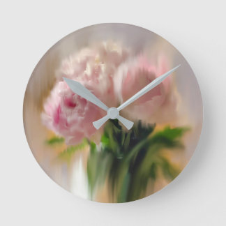 Dreamy Pink Peonies in White Vase Round Clock