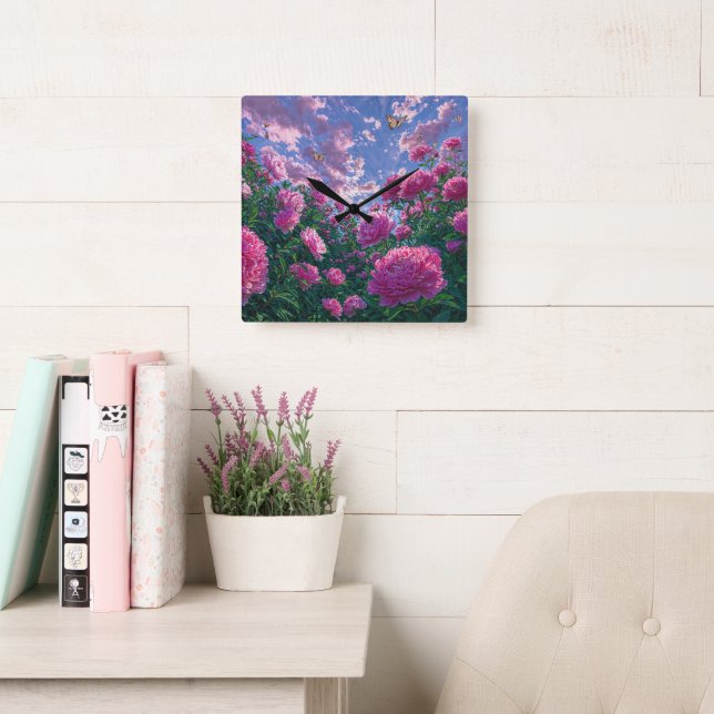 Dreamy Pink Peony Garden Art Square Wall Clock (Reading Room)