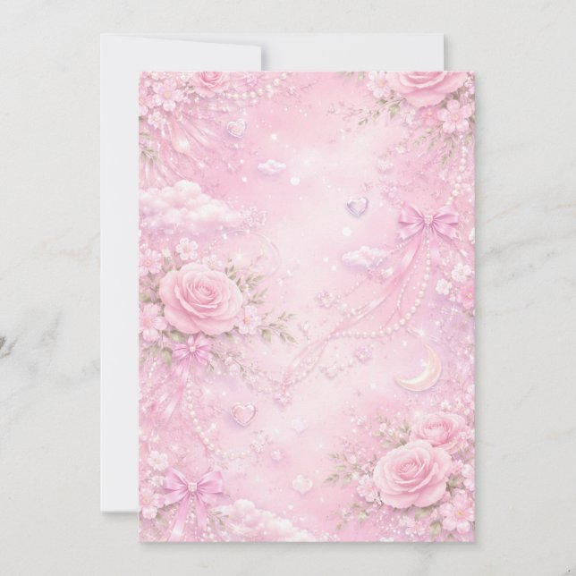 Dreamy Pink Rose Floral Pattern Pearls Bows Sparks Invitation (Front)