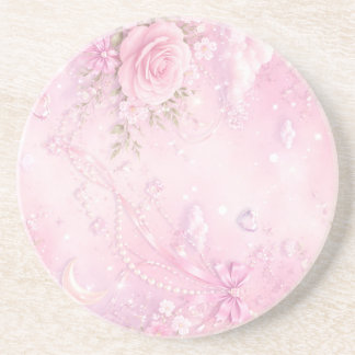 Dreamy Pink Rose Floral Pearls Bows Sparkles Coaster