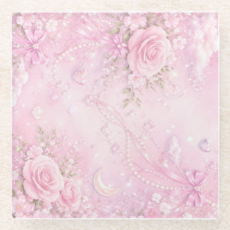 Dreamy Pink Rose Floral Pearls Bows Sparkles Glass Coaster