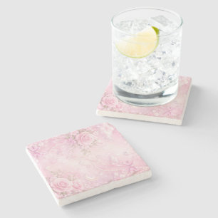 Dreamy Pink Rose Floral Pearls Bows Sparkles Stone Coaster