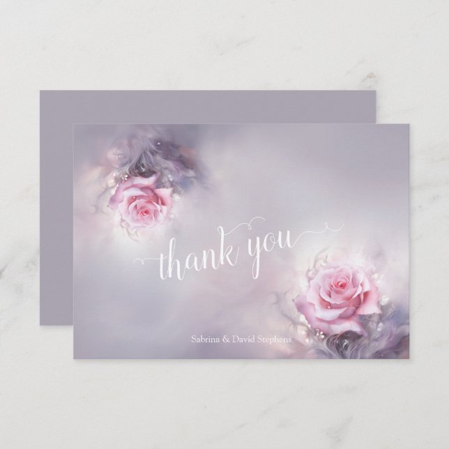 Dreamy Pink Rose on Dusty Lilac Thank You Card (Front/Back)
