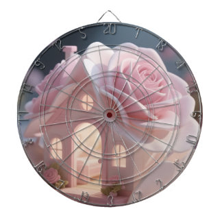 Dreamy Pink Rose & Whimsical House Art Dartboard